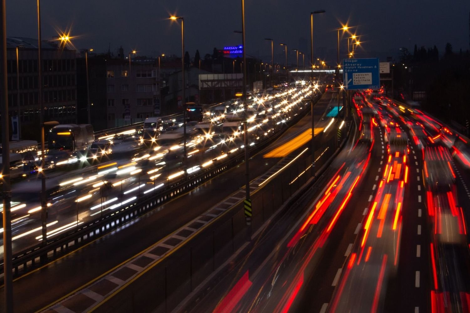 Highway light trails at night